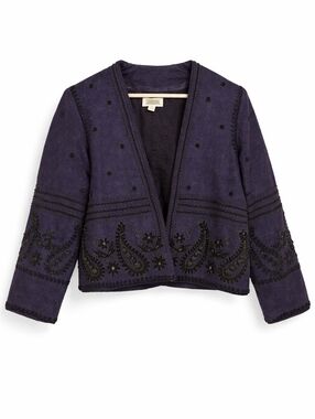 Charcoal Embroidered Beaded Bolero-Style Jacket Navy Blue 100% Cotton Size M